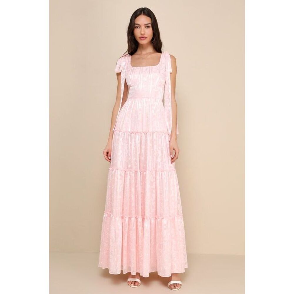 Lulus Picturesque Allure Blush Pink Jacquard Tie-strap Maxi Dress - Size XS
